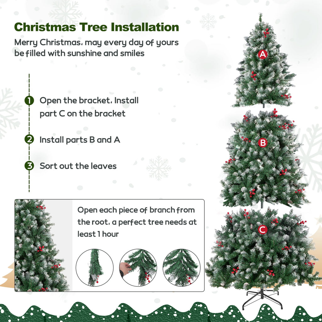 6FT Pre-Decorated Artificial Christmas Tree w/ 800 PVC Branch Tips, Red Berries for Home Office Party Decoration, Partially Flocked Design Xmas Trees w/ Dense Branches & Metal Stand