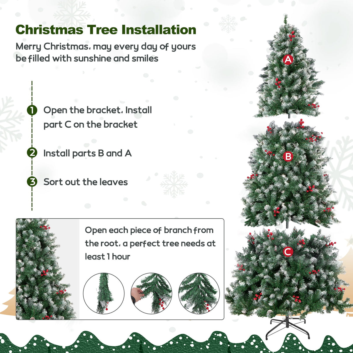 6FT Pre-Decorated Artificial Christmas Tree w/ 800 PVC Branch Tips, Red Berries for Home Office Party Decoration, Partially Flocked Design Xmas Trees w/ Dense Branches & Metal Stand