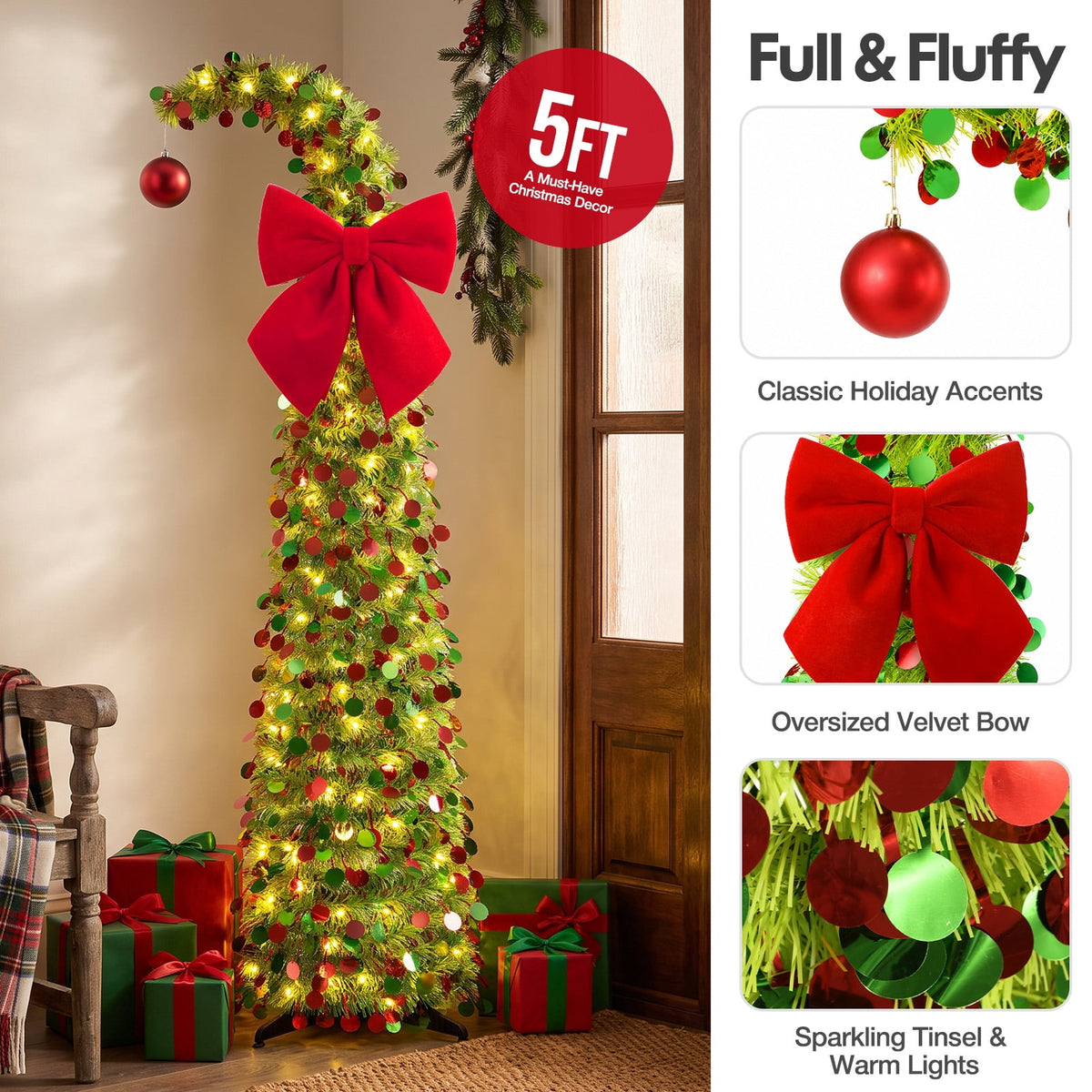 Ayieyill Christmas Tree 5FT Pencil Christmas Tree, Collapsible Pop up Tinsel Tree for Christmas Decorations Indoor, Pink