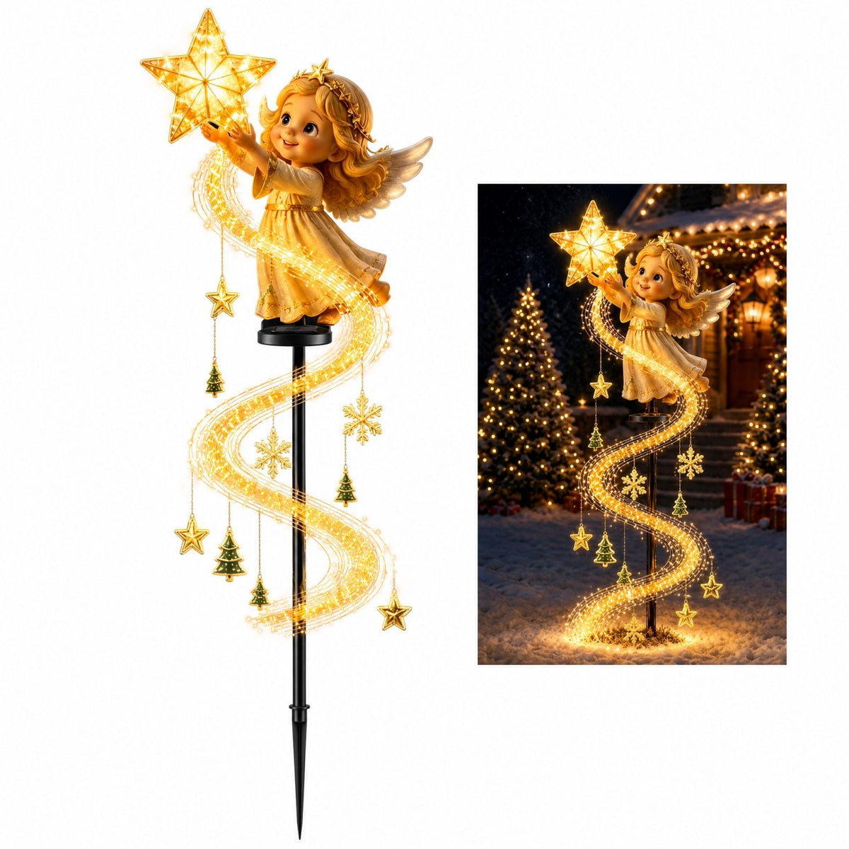 Christmas Reindeer Lighted Yard Stake, Bell and Snowflake Outdoor Decor for Lawn Garden Pathway Porch Holiday Display, 31.9 in