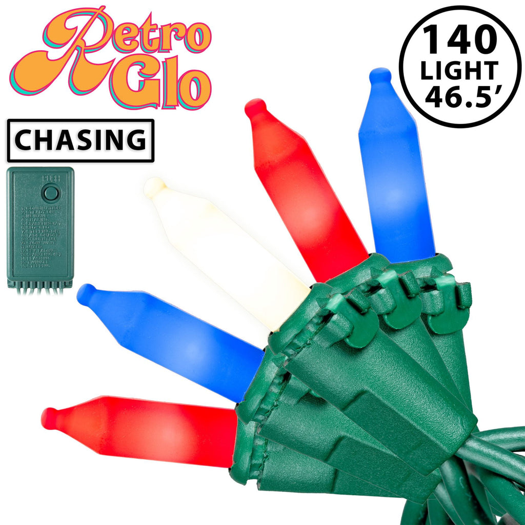 Novelty Lights RetroGlo® Clear LED Multi-Function 46.5ft Chasing Christmas Lights, 140 Bulbs on Green Wire, Vintage Style, 2700K Warm White Core