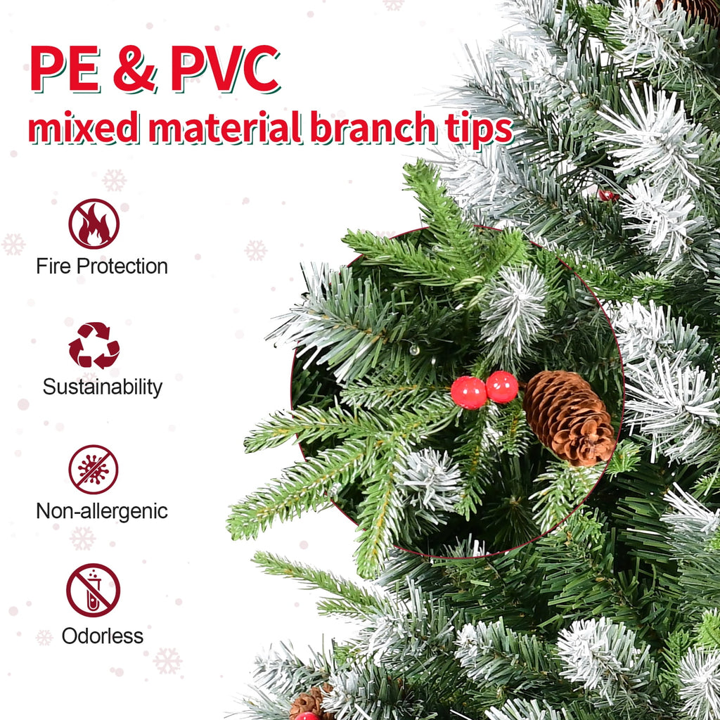Maylaviu 7ft Lighted Artificial Christmas Tree with 2178 Premium PE/PVC Branches, 450 Lights, Pine Cones, Red Berries, Foldable Metal Base, Green