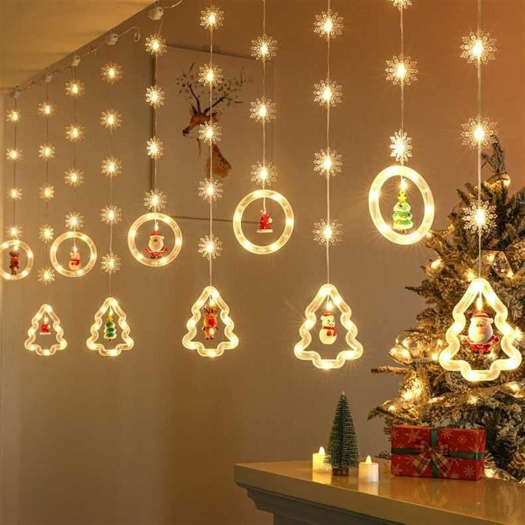 WILLED Christmas String Lights, 120 LED Window Curtain Lights with Christmas Ornaments, 9.8ft USB Powered Warm White Waterproof Fairy Lights Indoor Outdoor for Xmas Tree Patio Garden Party Home Decor