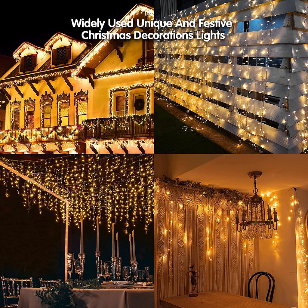 Christmas Icicle Lights Outdoor Decorations 120 LED 13ft Curtain Fairy String Light, Clear Wire LED String Light Indoor Decor for Wedding Party Christmas Holiday Decor