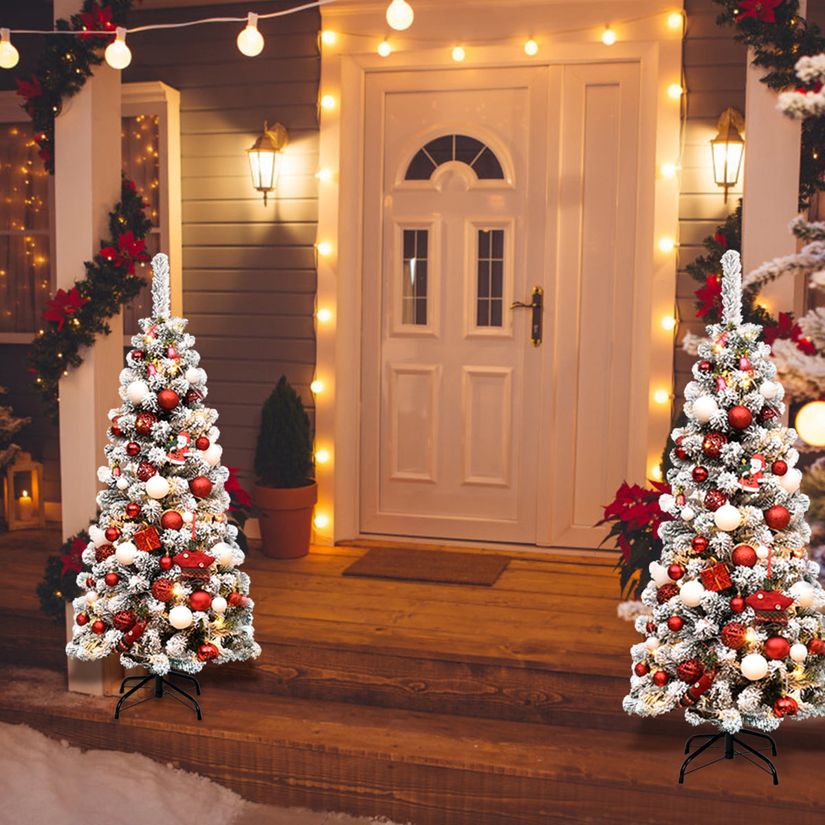 Gymax 4.5ft Snow Flocked Pencil Christmas Tree Artificial Pine Tree w/ Metal Stand