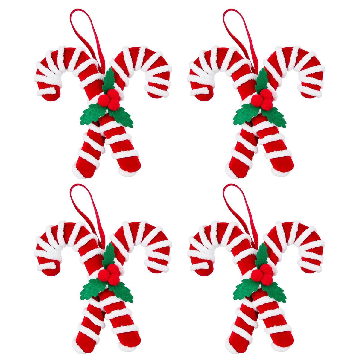 4-Count Red and White Fuzzy Candy Cane Christmas Ornaments, 6.5", by Holiday Time