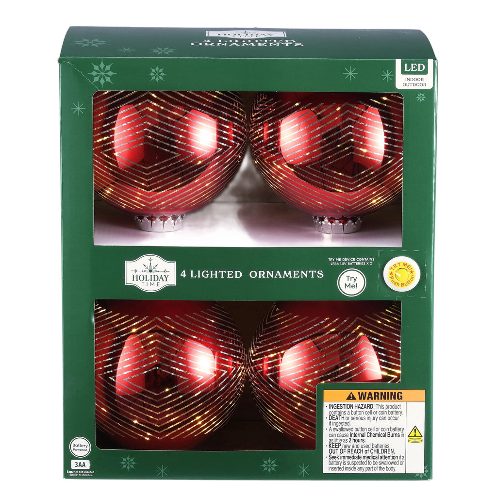 Indoor/Outdoor Battery-Operated LED Shatterproof Ball Christmas Ornaments, Metallic Red, 4 Count, by Holiday Time
