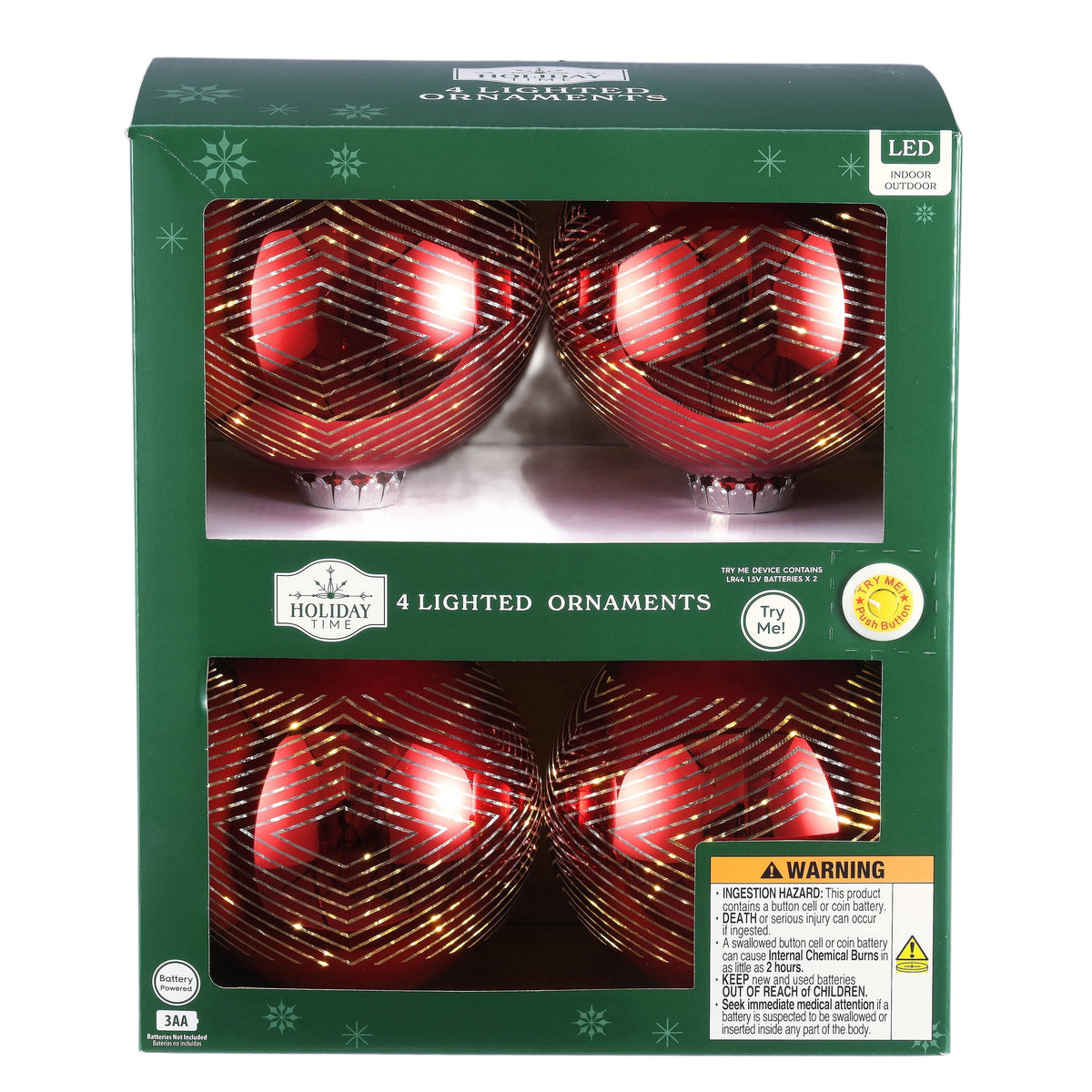 Indoor/Outdoor Battery-Operated LED Shatterproof Ball Christmas Ornaments, Metallic Red, 4 Count, by Holiday Time