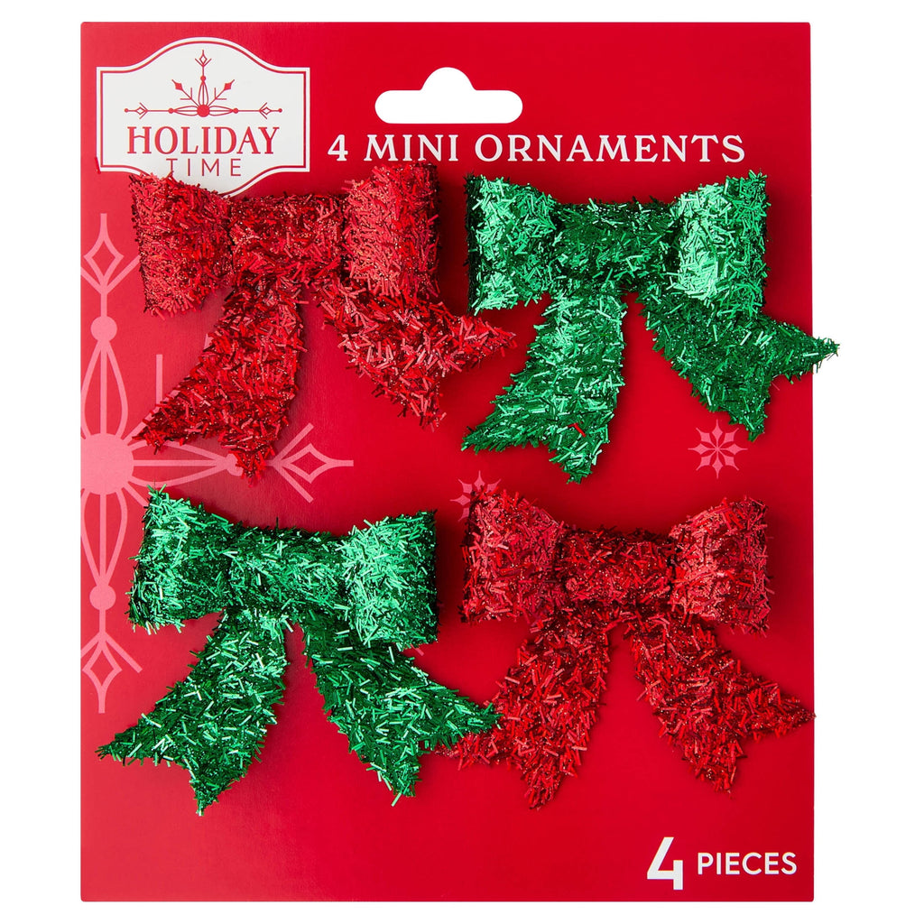 4-Count Red and Green Tinsel Bow Mini Christmas Ornaments, 2", by Holiday Time