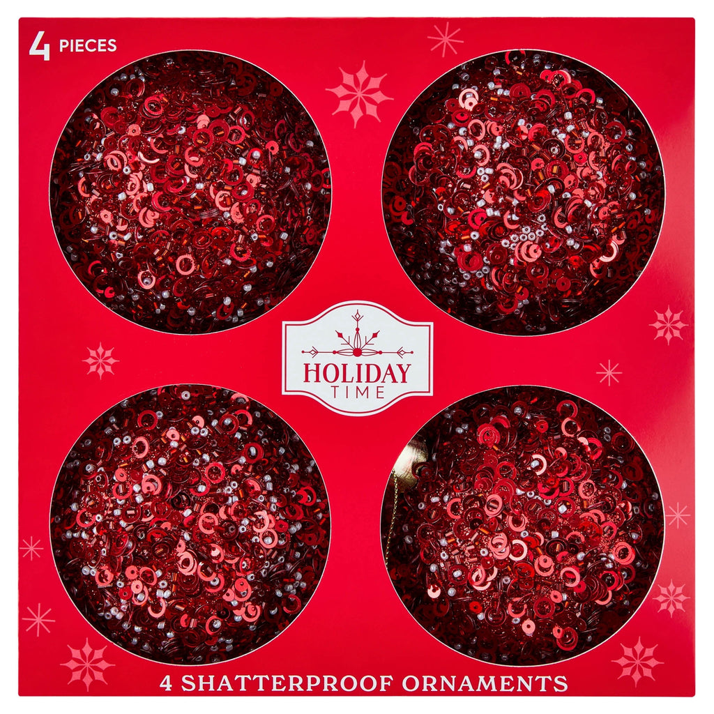 4-Count Red Sequin Ball Shatterproof Christmas Ornaments, 5", by Holiday Time