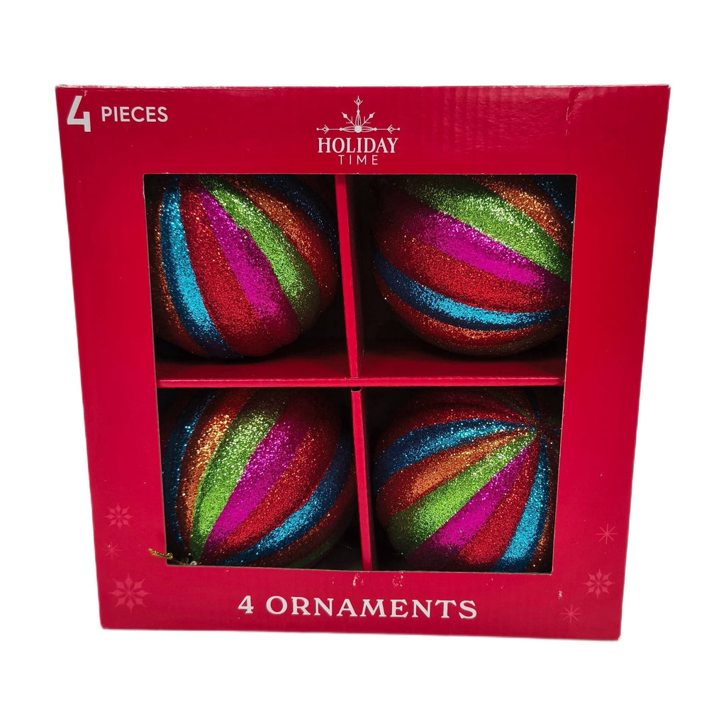 4-Count Multicolor Glitter Stripe Ball Christmas Ornaments, 3.9", by Holiday Time