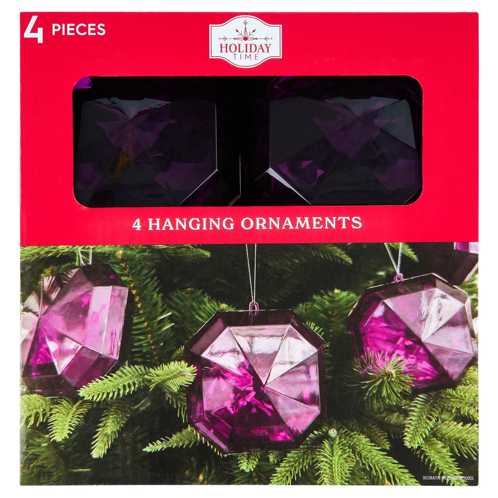 4-Count Purple Square Gem Christmas Ornaments, 4", by Holiday Time