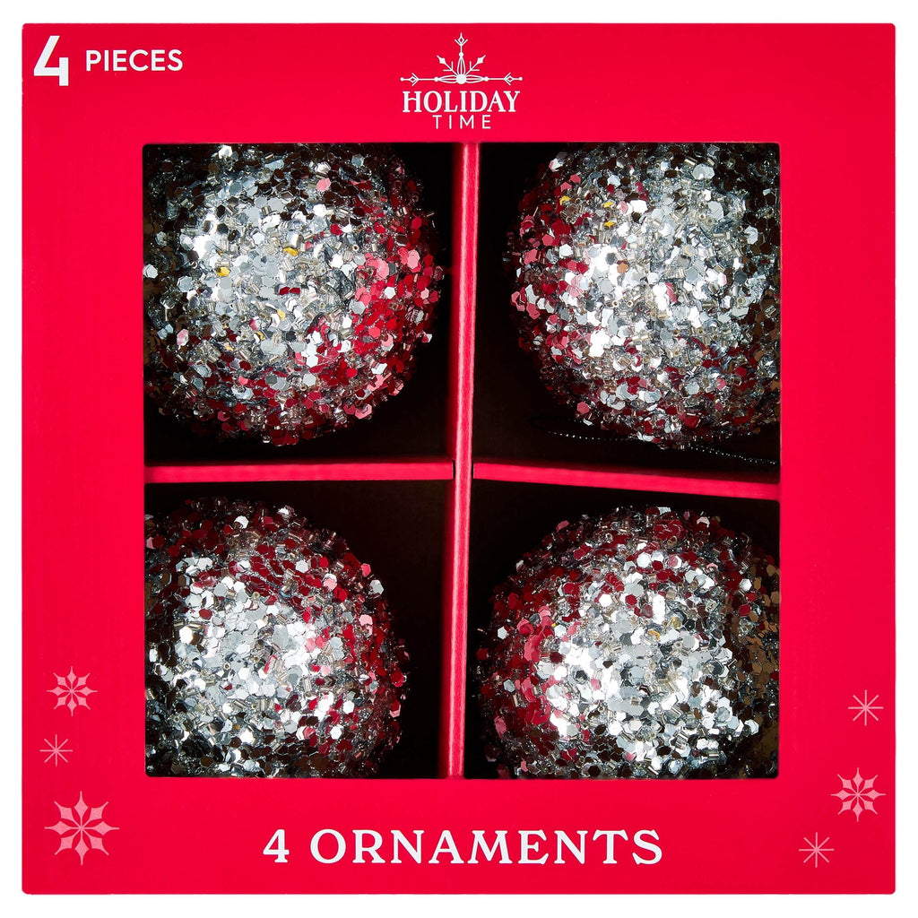 4-Count Silver Chunky Glitter Ball Christmas Ornaments, 4", by Holiday Time