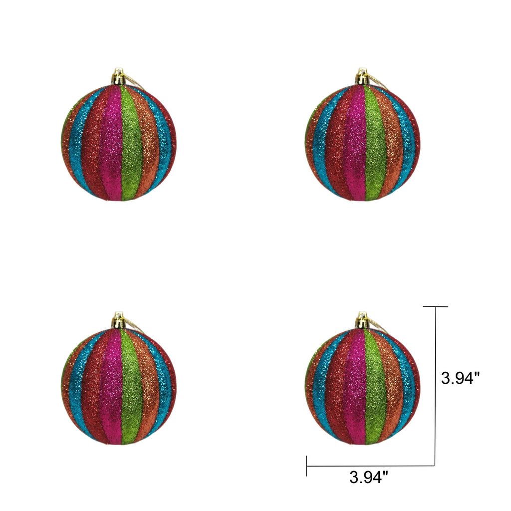 4-Count Multicolor Glitter Stripe Ball Christmas Ornaments, 3.9", by Holiday Time