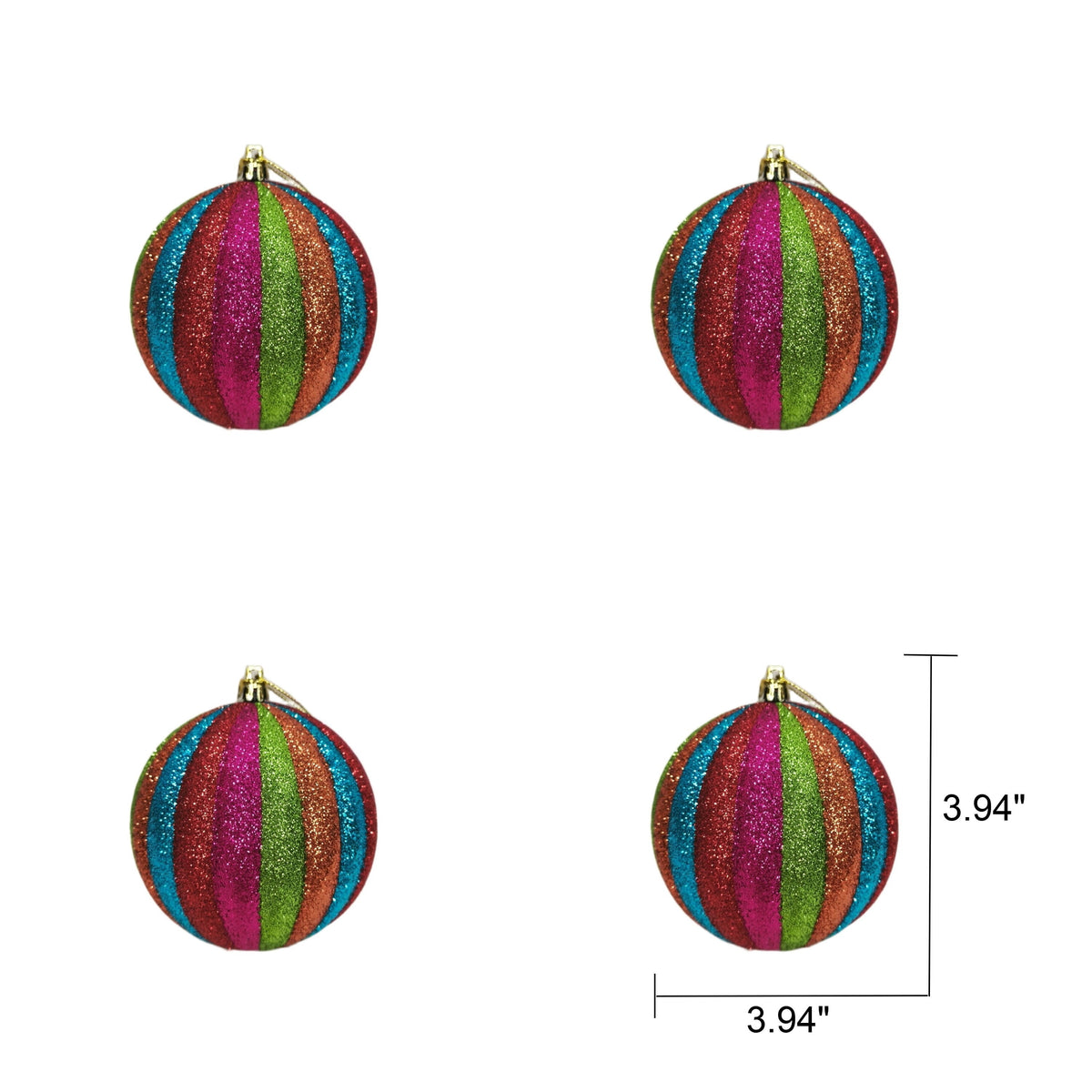 4-Count Multicolor Glitter Stripe Ball Christmas Ornaments, 3.9", by Holiday Time