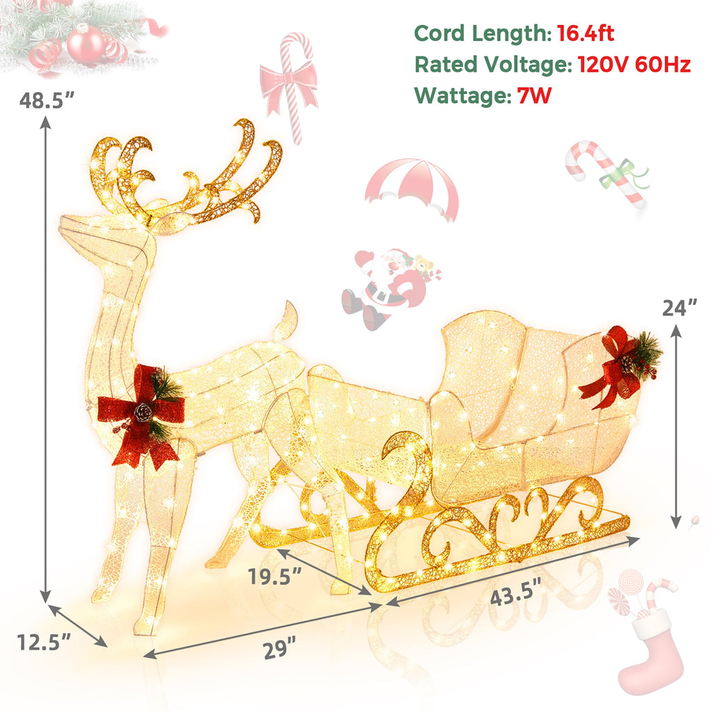Costway 6 FT Christmas Lighted Reindeer & Santa's Sleigh W/ 215 LED Lights & 4 Stakes Gold