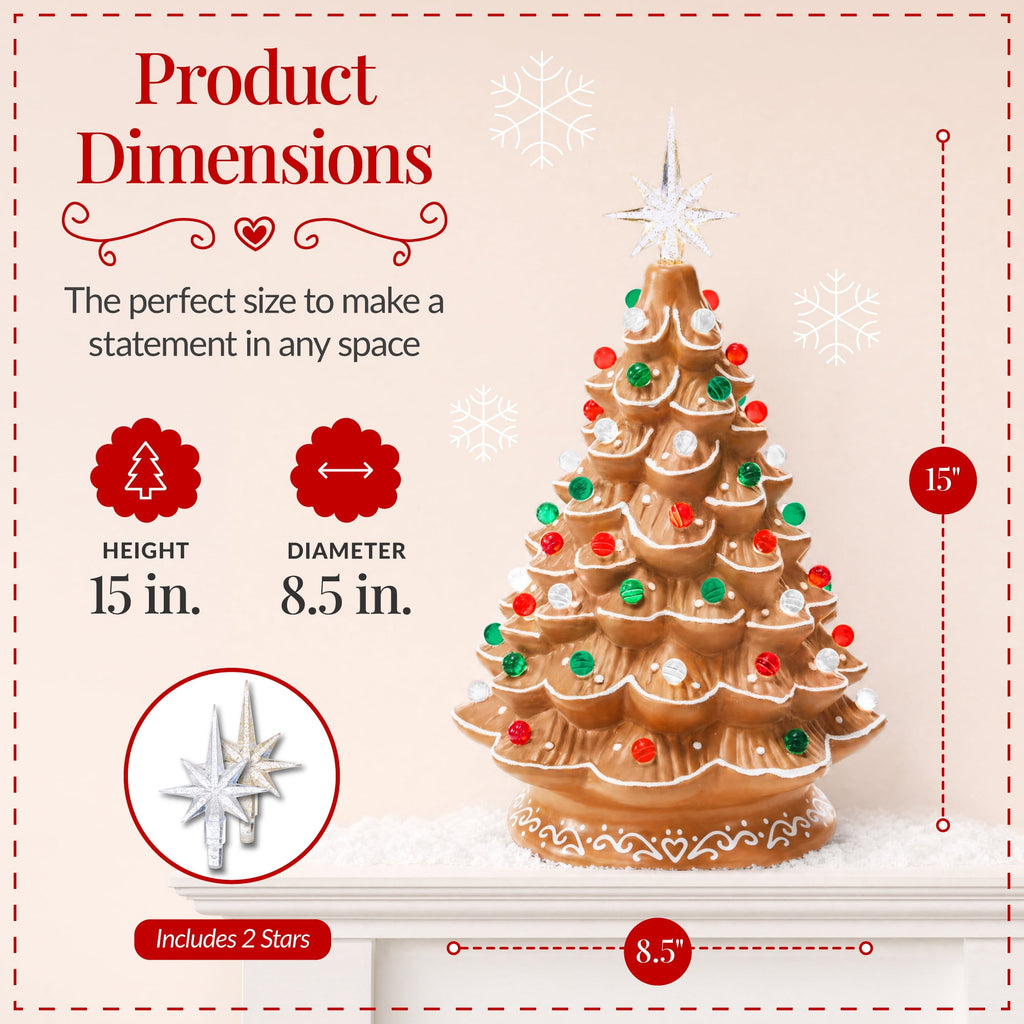 Best Choice Products 15in Ceramic Christmas Tree, Pre-lit Hand-Painted Tabletop Holiday Tree, Gingerbread Red/White/Grn