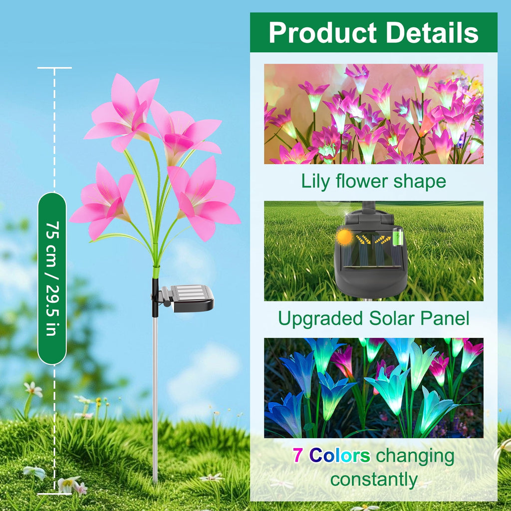 Solar Garden Lights Outdoor, 6 Packs Solar Lily Flower Lights Waterproof, Color Changing LED Solar Lights Outdoor Decorative, Bigger Solar Panel for Outside Patio Garden Pathway Yard Decoration