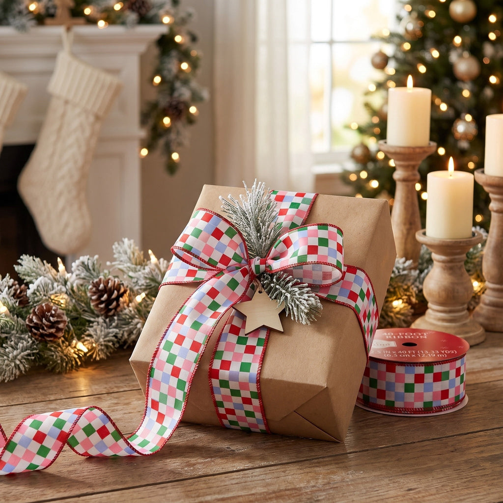 Multicolor Check Linen Christmas Ribbon, 2.5" x 40', by Holiday Time