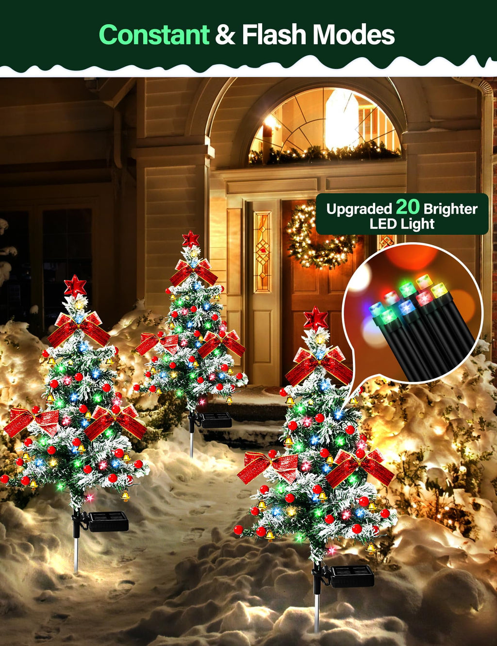 COCOBELA 2PCS Solar Christmas Trees Lights Outdoor Decor Waterproof, 40LED Small Metal Xmas Tree Pathway Lights, Garden Stake Lights Yard Decor with Snow 2 Modes for Path Lawn Patio