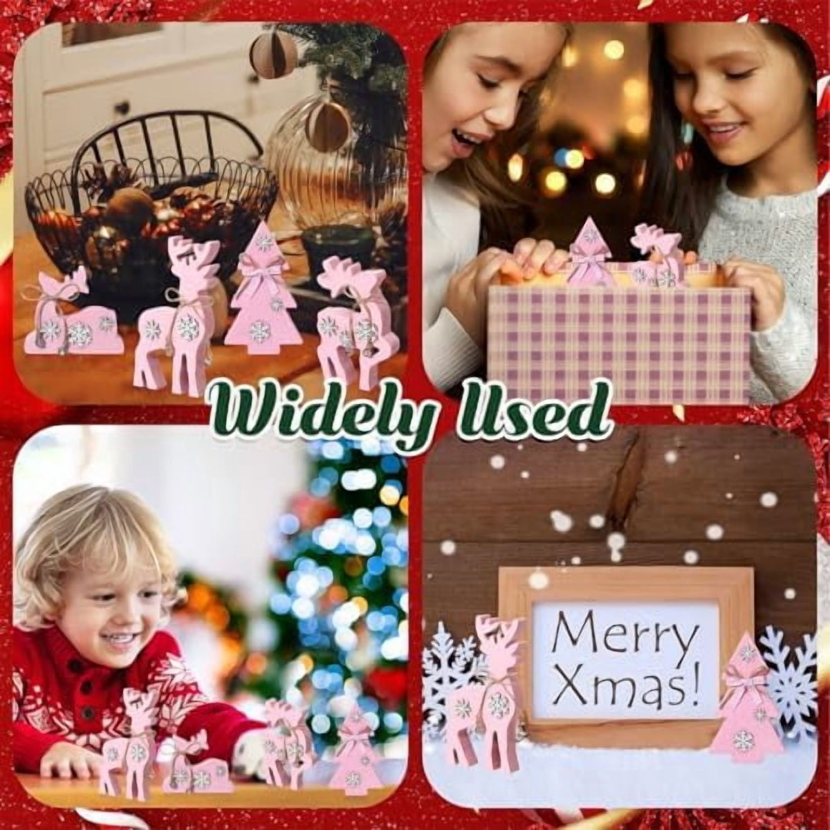 Christmas Reindeer Tabletop Decorations 4 Piece Wooden Reindeer and Christmas Tree Centerpieces Pink