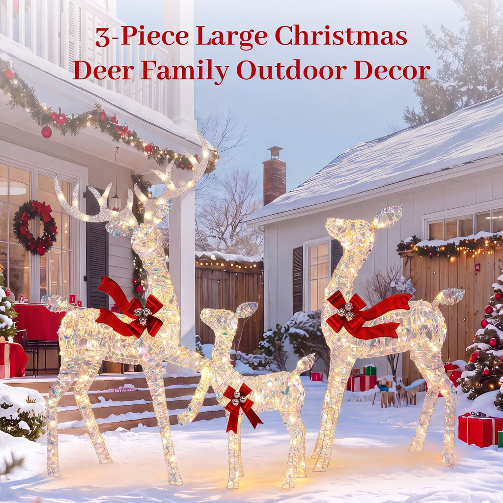 FOOWIN 3-Piece Large Christmas Deer Family, Lighted Outdoor Christmas Decoration, Champagne Gold