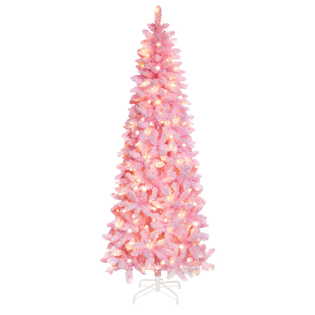 VEIKOUS 6.5ft Pre-lit Pencil Christmas Tree Slim w/250 LED Lights & Metal Stand, Green