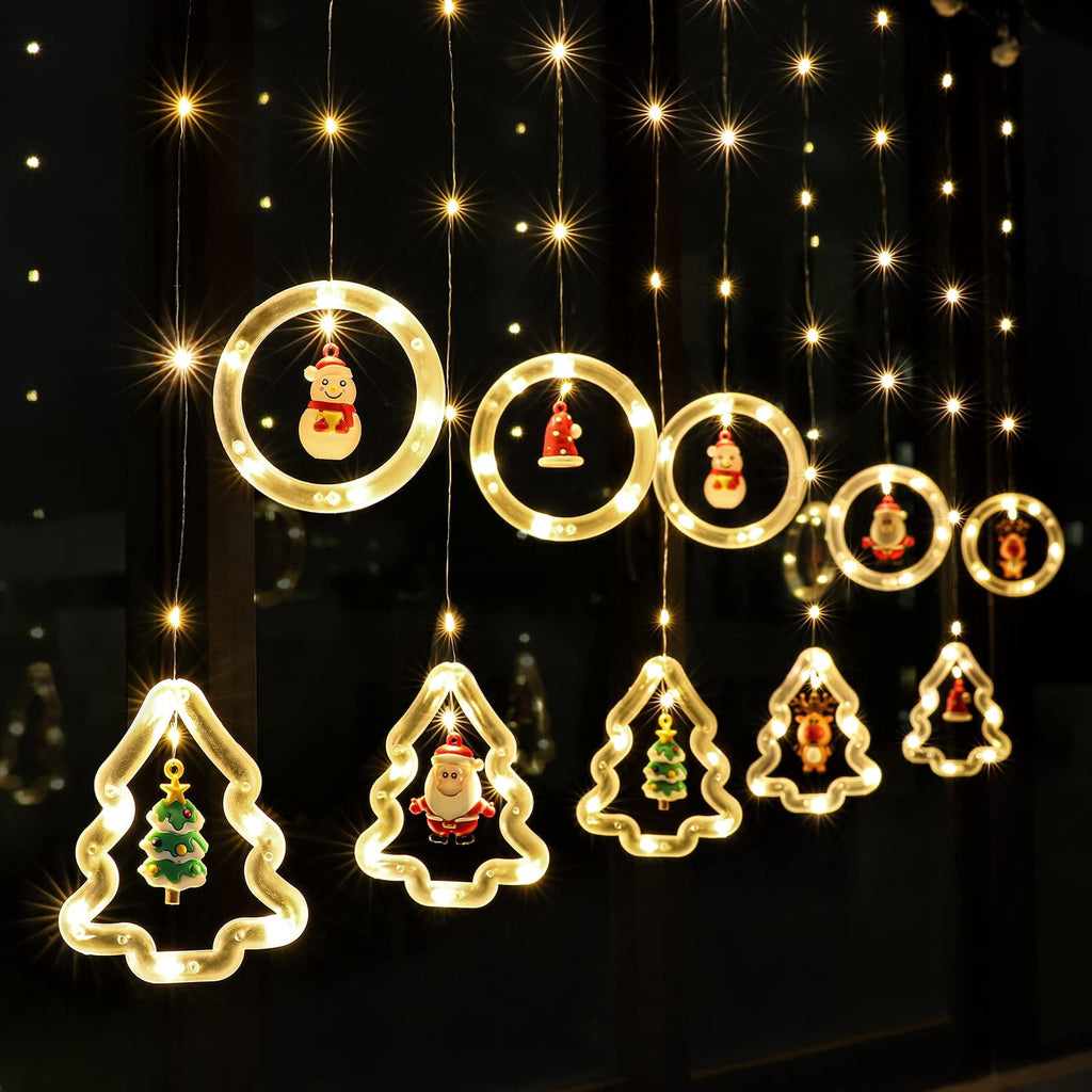 WILLED Christmas String Lights, 120 LED Window Curtain Lights with Christmas Ornaments, 9.8ft USB Powered Warm White Waterproof Fairy Lights Indoor Outdoor for Xmas Tree Patio Garden Party Home Decor