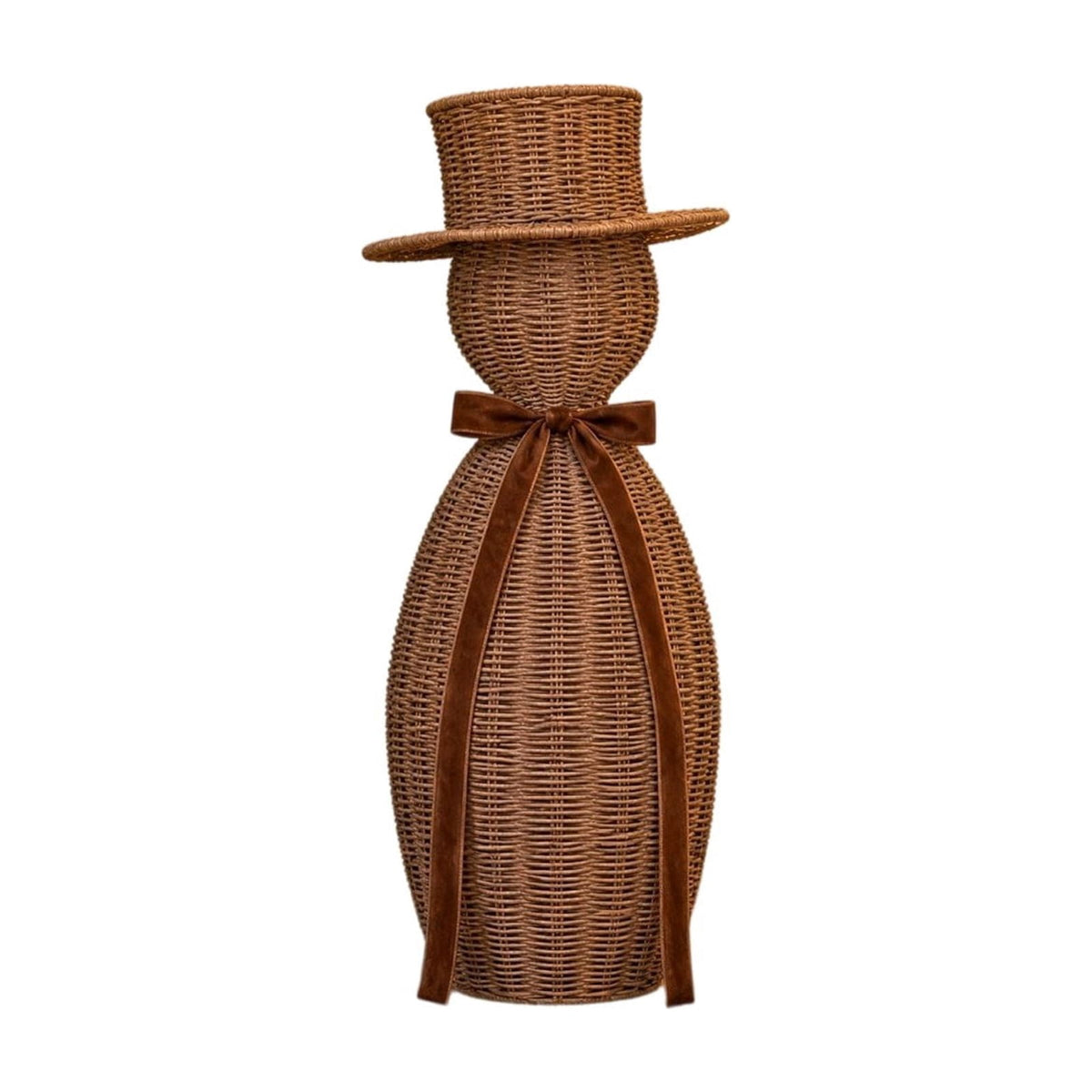 FeiBiQiuBi 14.9" Resin Rattan Style Snowman, Rustic Snowman Decorations with Bow, Woven Natural Style Freestanding Design Winter Farmhouse Decor for Home Kitchen Garden, Holiday Table Mantel Decor