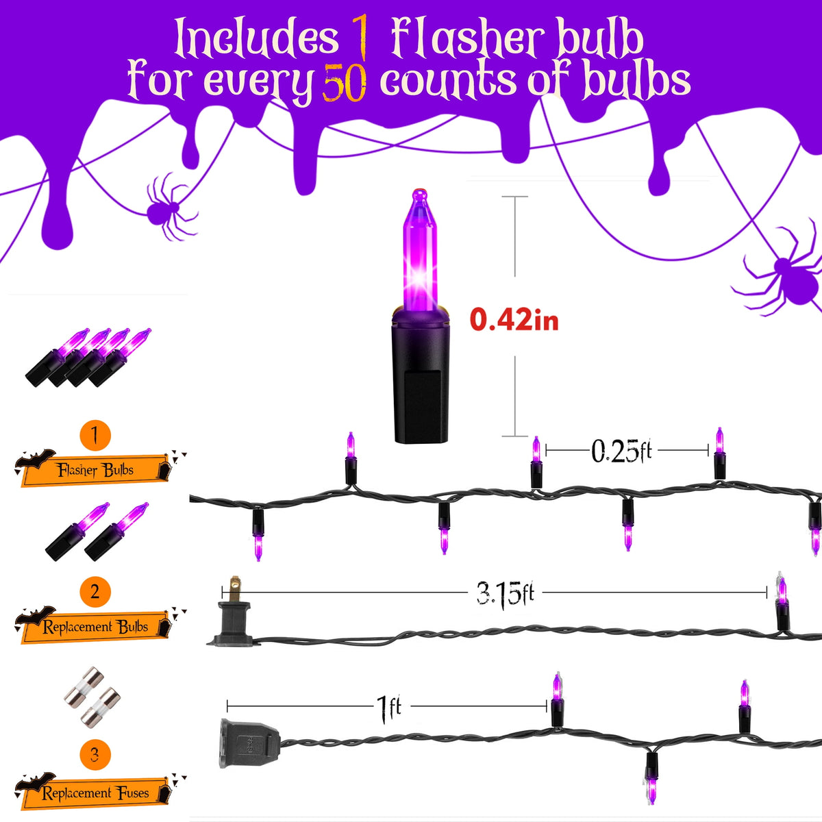 DAYBETTER Halloween String Lights, 32.8ft 100ct Incandescent Mini Lights, with 100 Count Purple Waterproof Bulbs, for Party, Yard, Christmas Tree, Halloween Decorations