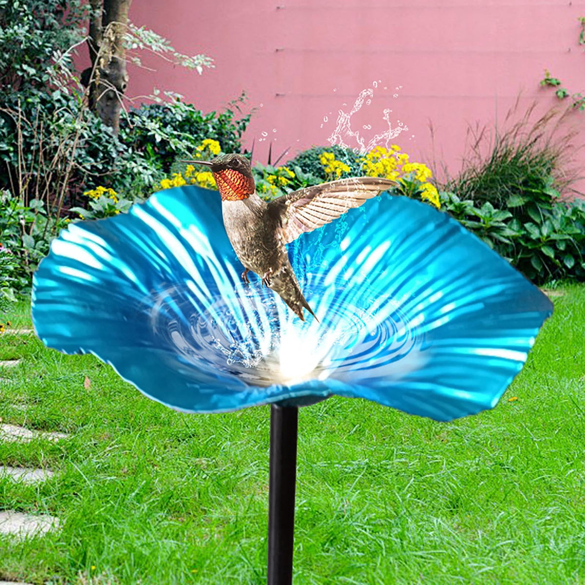 SLYNSHome Hummingbird Baths for outdoors Flowers Shaped Bird Bath Garden Decoration Hummingbird Feeders With Metal Stake for Yard Patio Outside (Hot Pink)