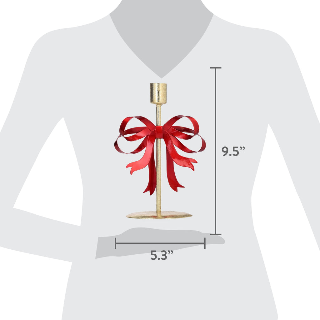 Medium Gold and Red Bow Metal Christmas Taper Candle Holder, 9.5", by Holiday Time