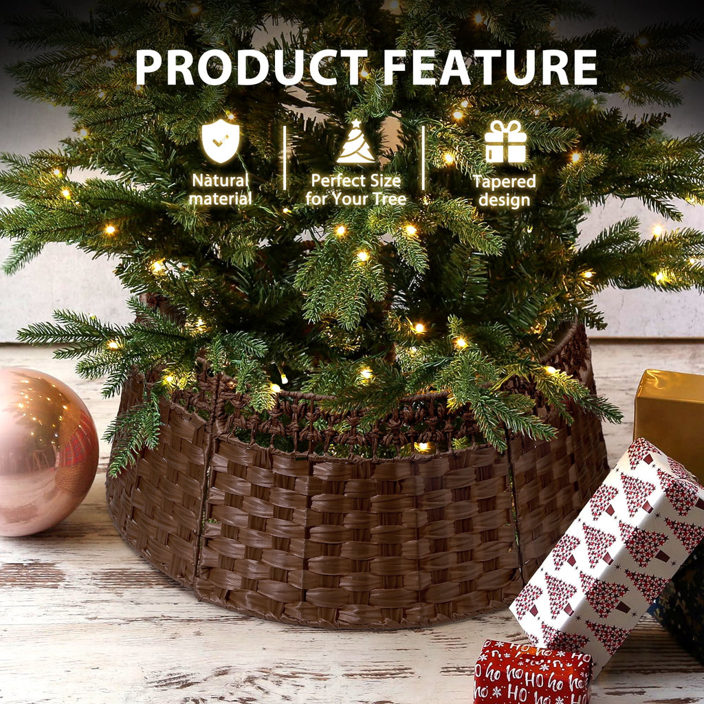 Ayieyill 26in Christmas Tree Collar, Handmade Woven Tree Collar, Christmas Tree Skirt for Artificial Trees | Wooden | Brown