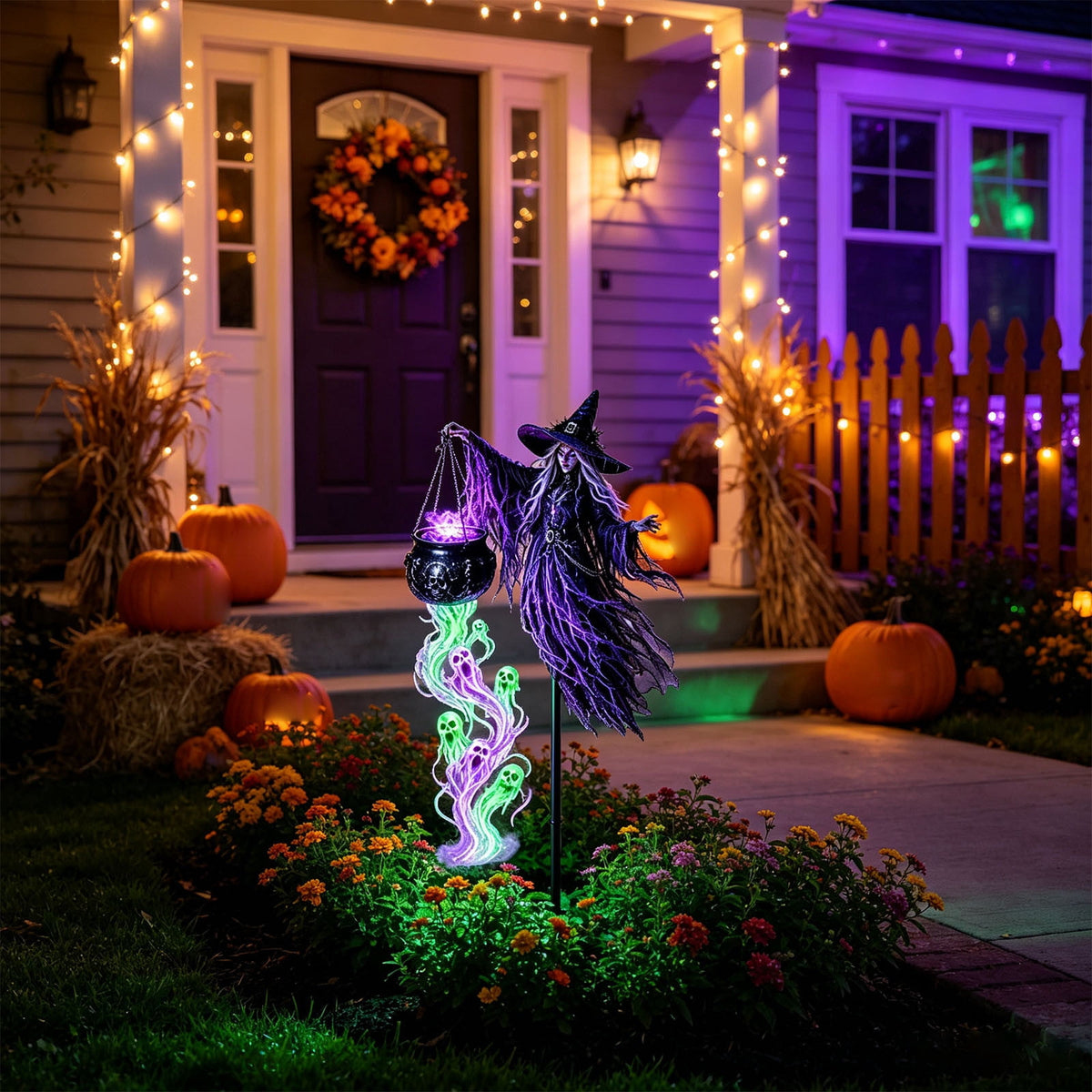 Solar Halloween Metal Moon Black Cat Garden Stake with LED Pumpkin Lantern, Light Up Star Bat Yard Decor Stake, Spooky Outdoor Lawn Pathway Halloween Decoration