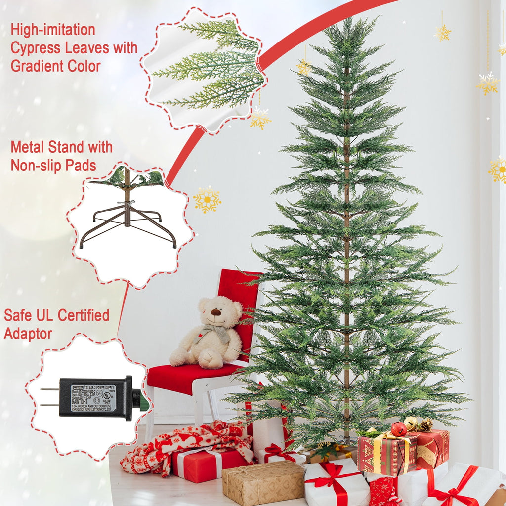 Topbuy 6.5 FT Artificial Cypress Christmas Tree Pre-lit Hinged Xmas Tree with 430 Warm White LED Lights 470 Highly Simulated Branch Tips