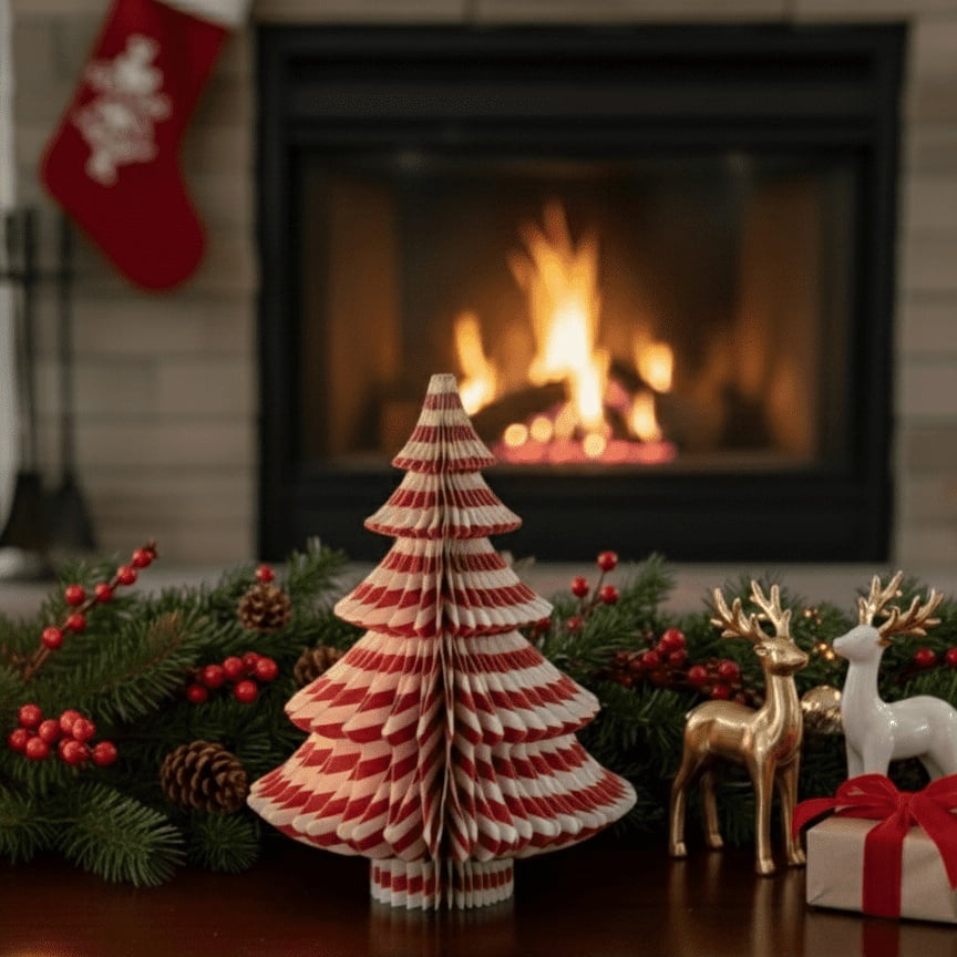 Paper Honeycomb Tree Christmas Decoration, Red and White, 12", by Holiday Time
