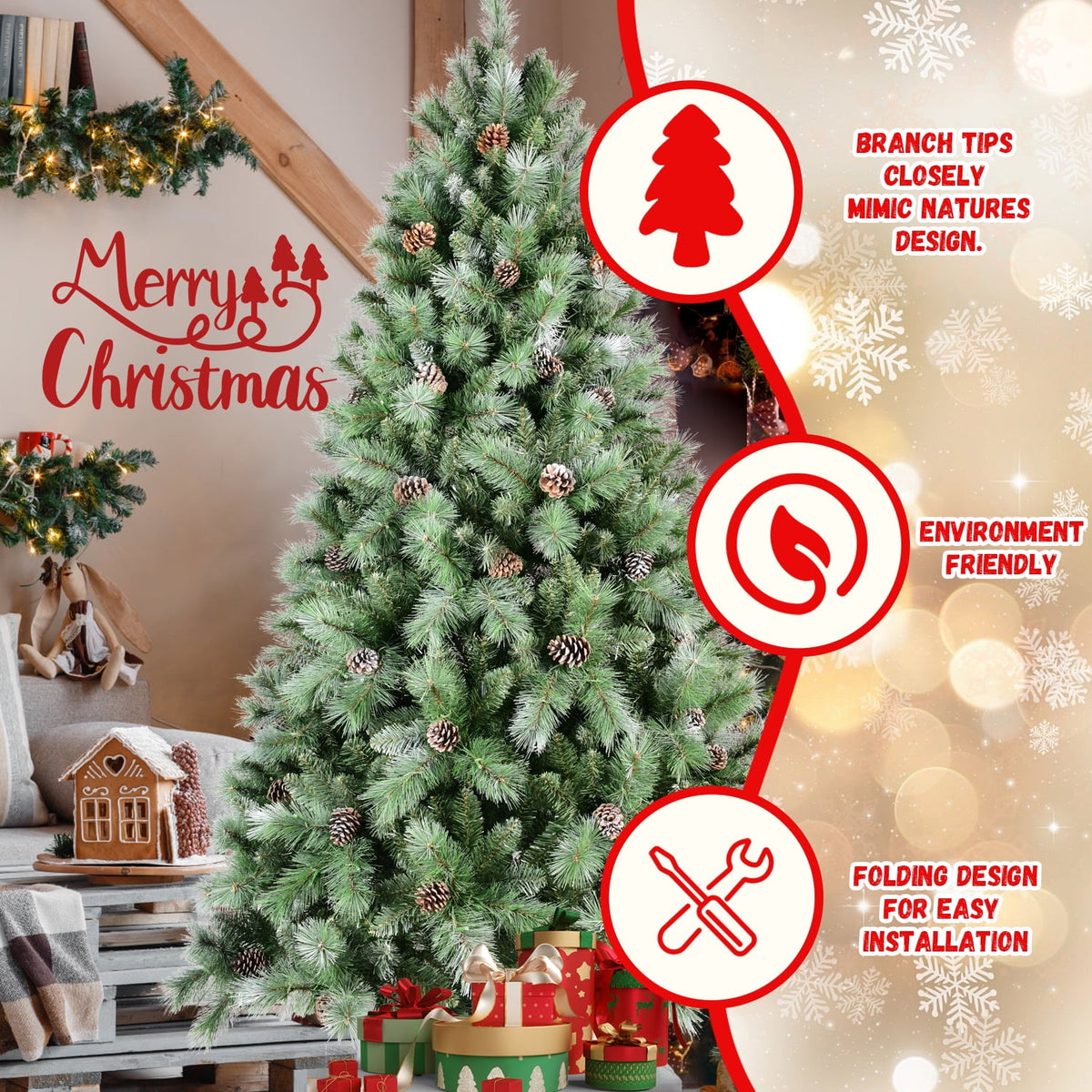 Artificial 7ft Green Christmas Tree with 1348PVC/Hard Needle Mixed Branch Tips,Pine cone,Hinged Premium & Foldable Base for Indoor Holiday Decorating