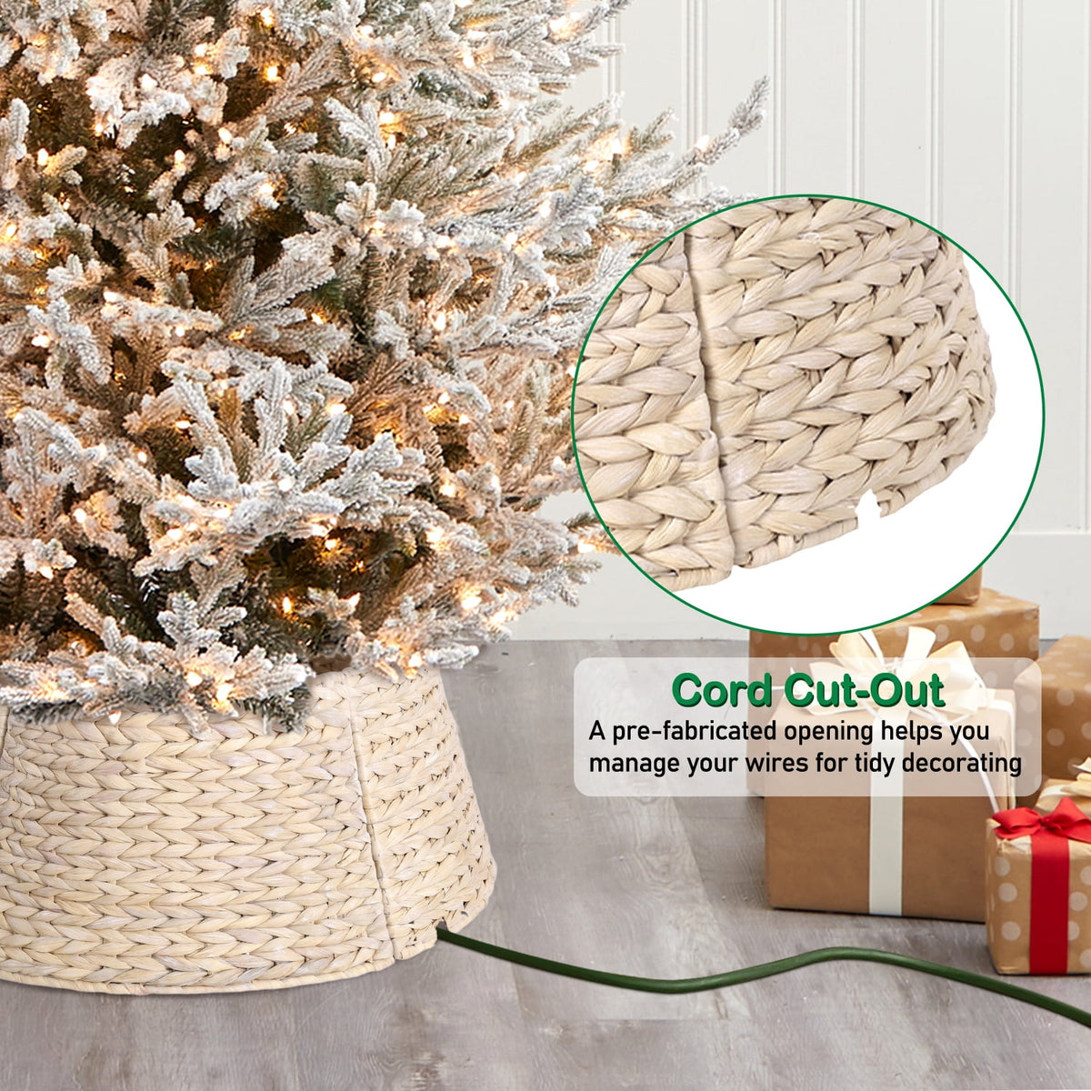 Ayieyill 26in Woven Hyacinth Christmas Tree Collar, Christmas Tree Decorations, Tree Skirt Accessory w/ Cord Cut-Out | Natural