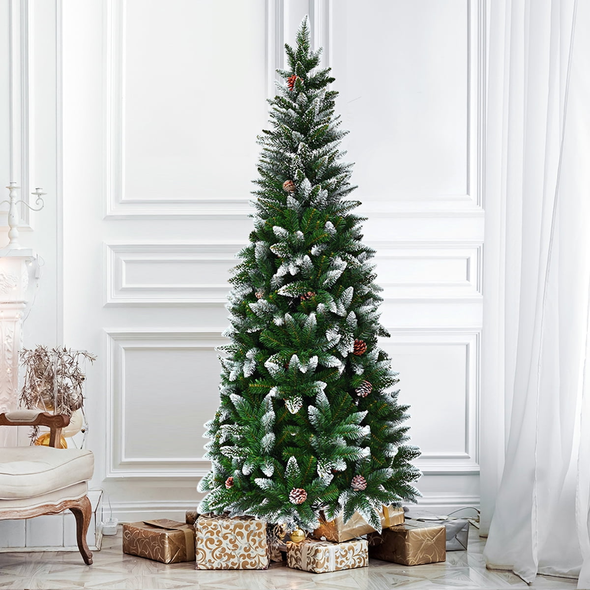 Topbuy 5'Artificial Pencil Christmas Tree Snow Flocked Tree w/ Pine Cones and Metal stand