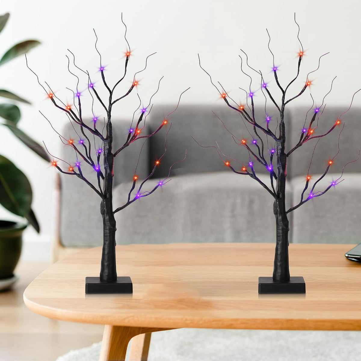 2-Pack Halloween Decor: 2FT Pre-lit Black Halloween Trees with 48 Orange & Purple LEDs, Battery Operated with Timer Function, Perfect for Spooky Tabletop Displays, Home Parties & Indoor Decorations.