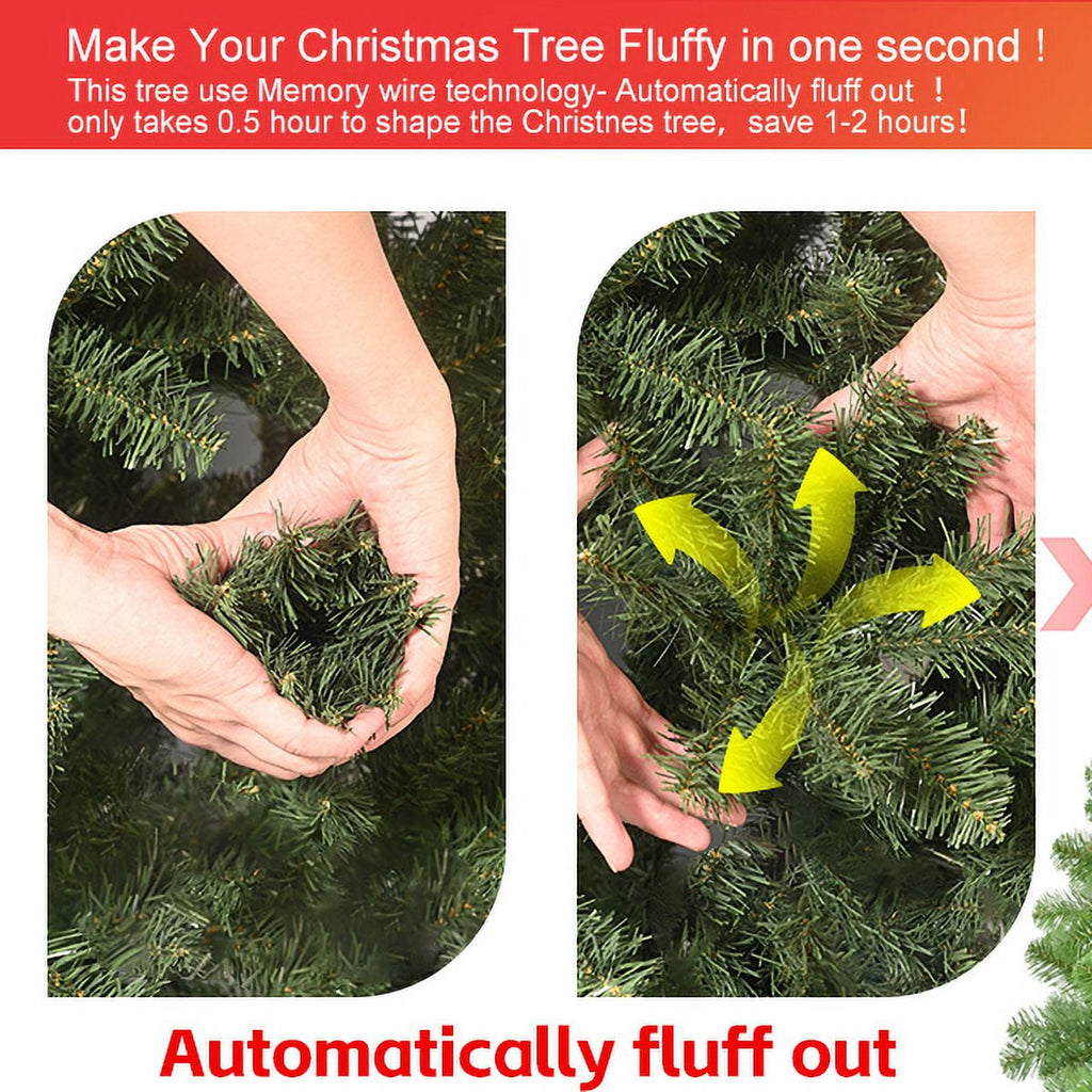 8ft Christmas Tree with Memory Wire, 1430 Tips Hinged Artificial PVC Tree, Easy Setup Green Xmas Tree for Indoor Holiday Decoration