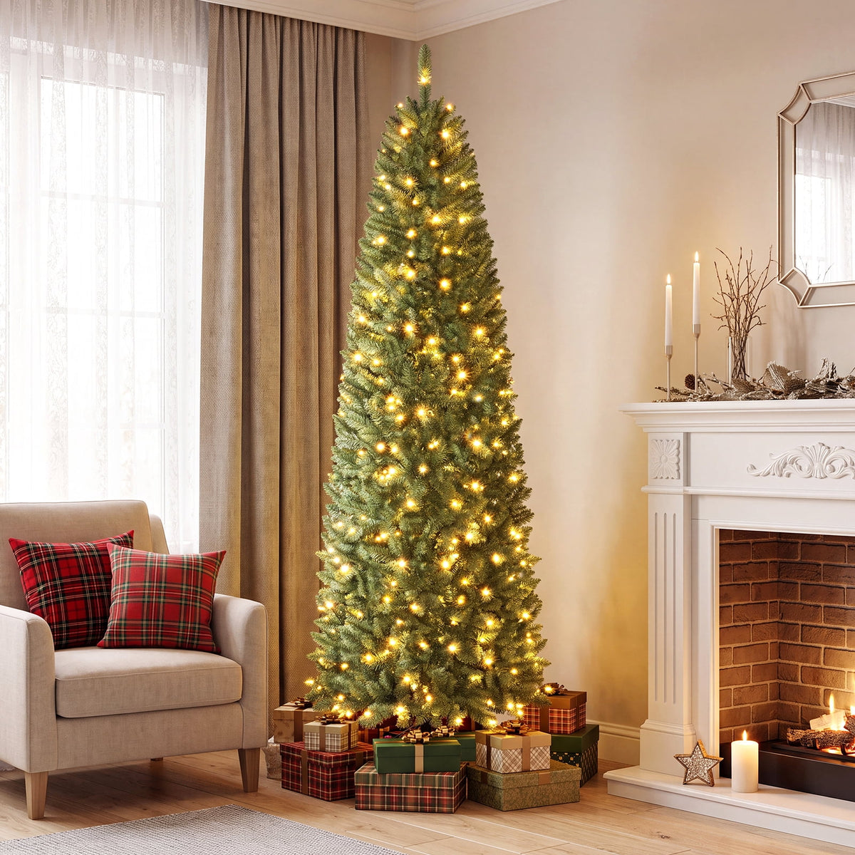 Costway 6Ft Pre-lit Artificial Pencil Christmas Tree Hinged Fir PVC Tree with 250 LED Lights