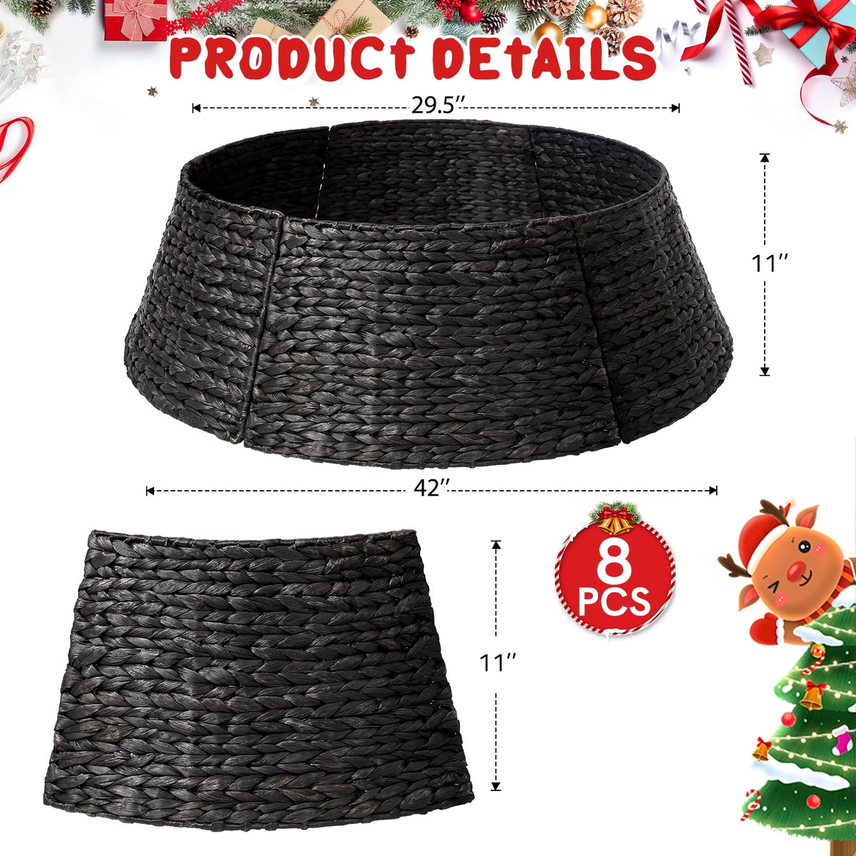 Ayieyill 26in Woven Hyacinth Christmas Tree Collar, Christmas Tree Decorations, Tree Skirt Accessory w/ Cord Cut-Out | Natural