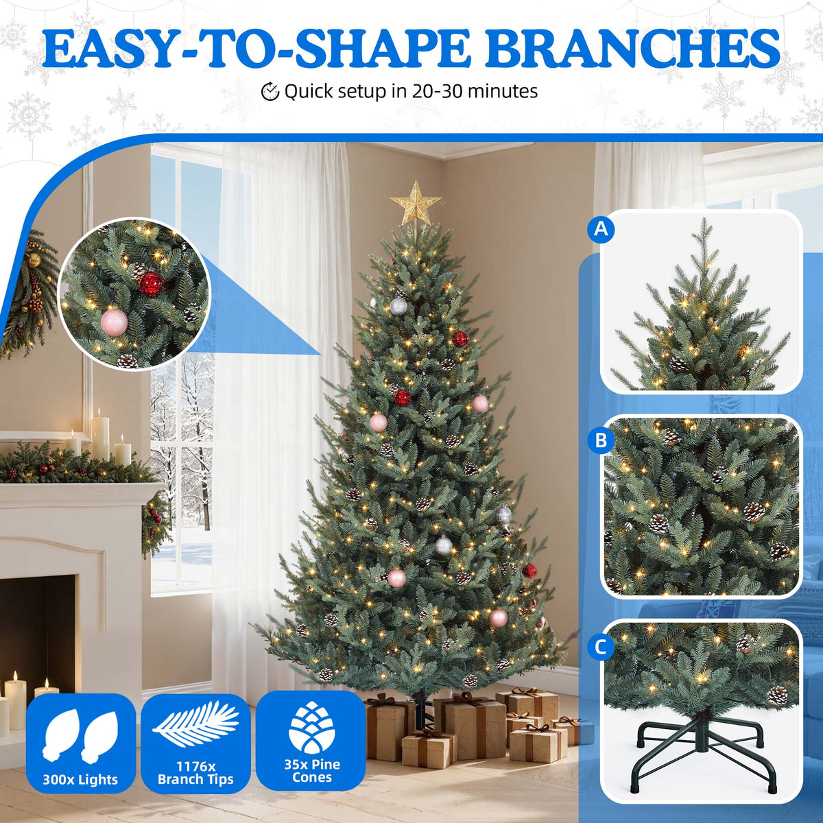 Dextrus 7.5 ft Prelit Spruce Christmas Tree with 51 Pine Cones, Hinged Artificial Christmas Tree with 1938 PE&PVC Tips & 500 Lights,11 Light Modes, Remote Control