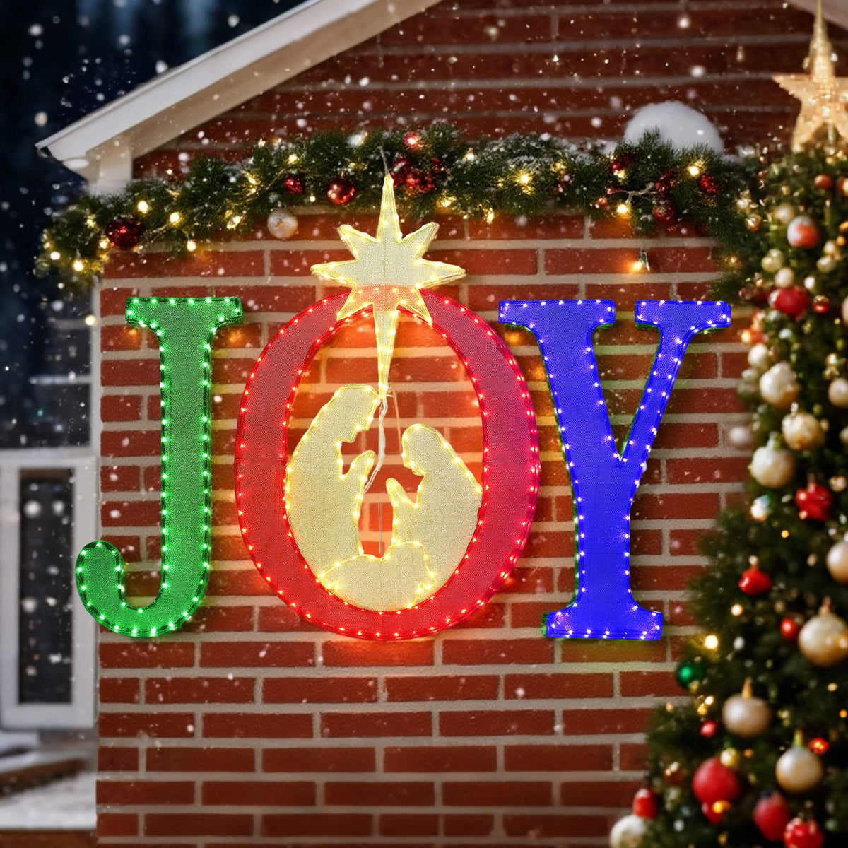 Starfree 49-inch Outdoor Nativity Decoration Lighted JOY Sign with Outdoor Christmas Yard Decorations Hanging and Standing Options for Porch & Garden