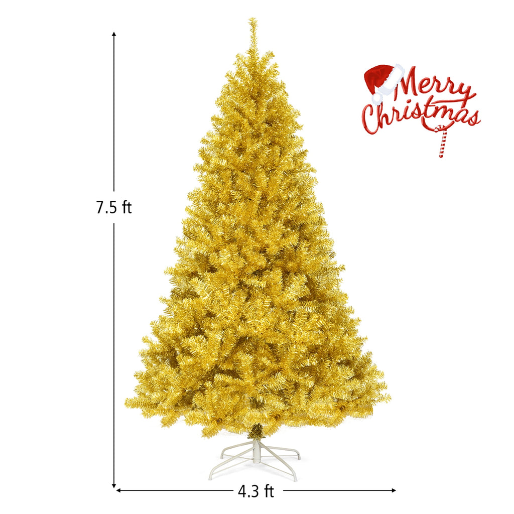 Gymax 7.5FT Tinsel Christmas Tree Artificial Hinged w/ Metal Stand Champagne Gold