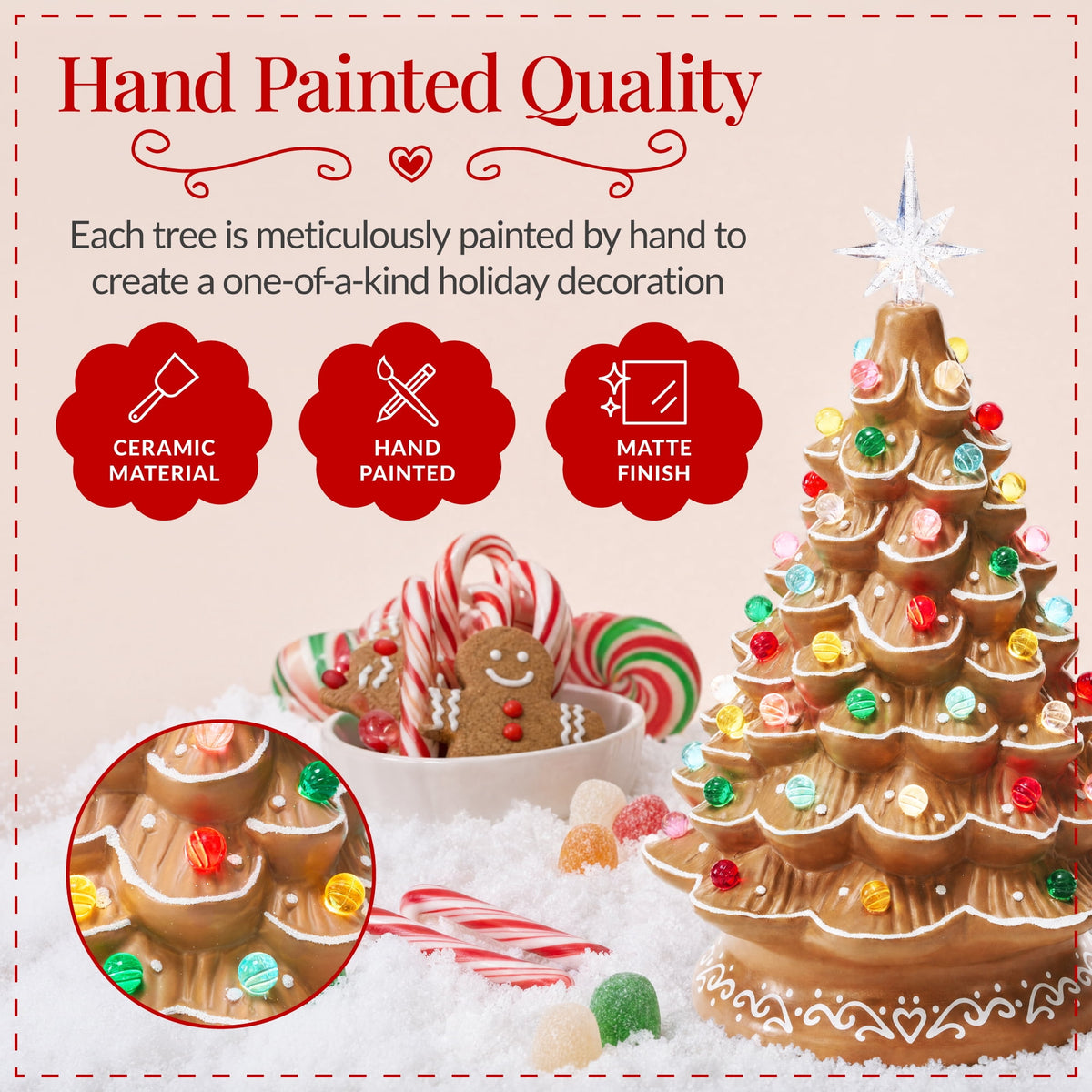 Best Choice Products 15in Ceramic Christmas Tree, Pre-lit Hand-Painted Tabletop Holiday Tree, Gingerbread Red/White/Grn