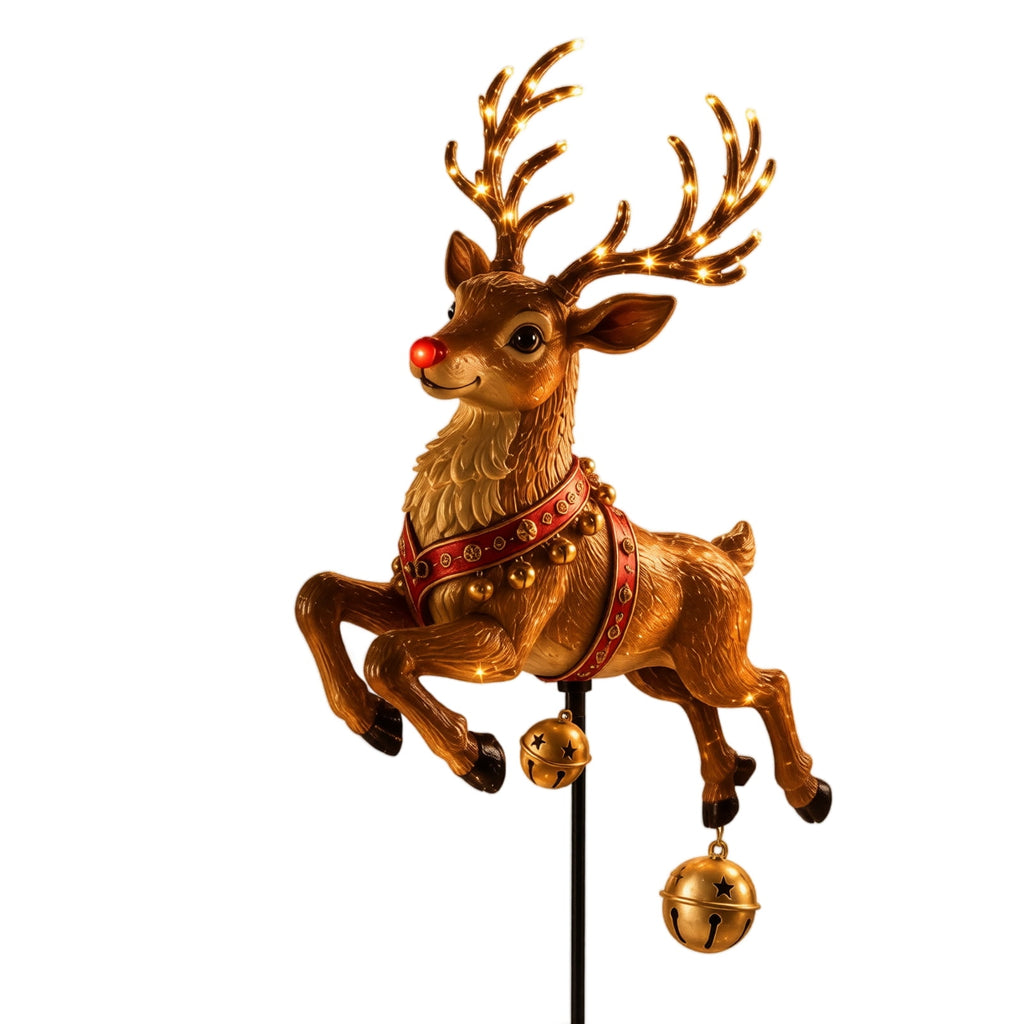 Christmas Reindeer Lighted Yard Stake, Bell and Snowflake Outdoor Decor for Lawn Garden Pathway Porch Holiday Display, 31.9 in