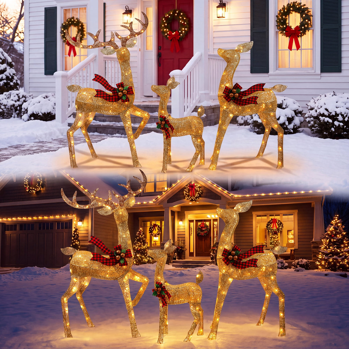 FOOWIN 3-Piece Large Christmas Deer Family, Lighted Outdoor Christmas Decoration, Champagne Gold