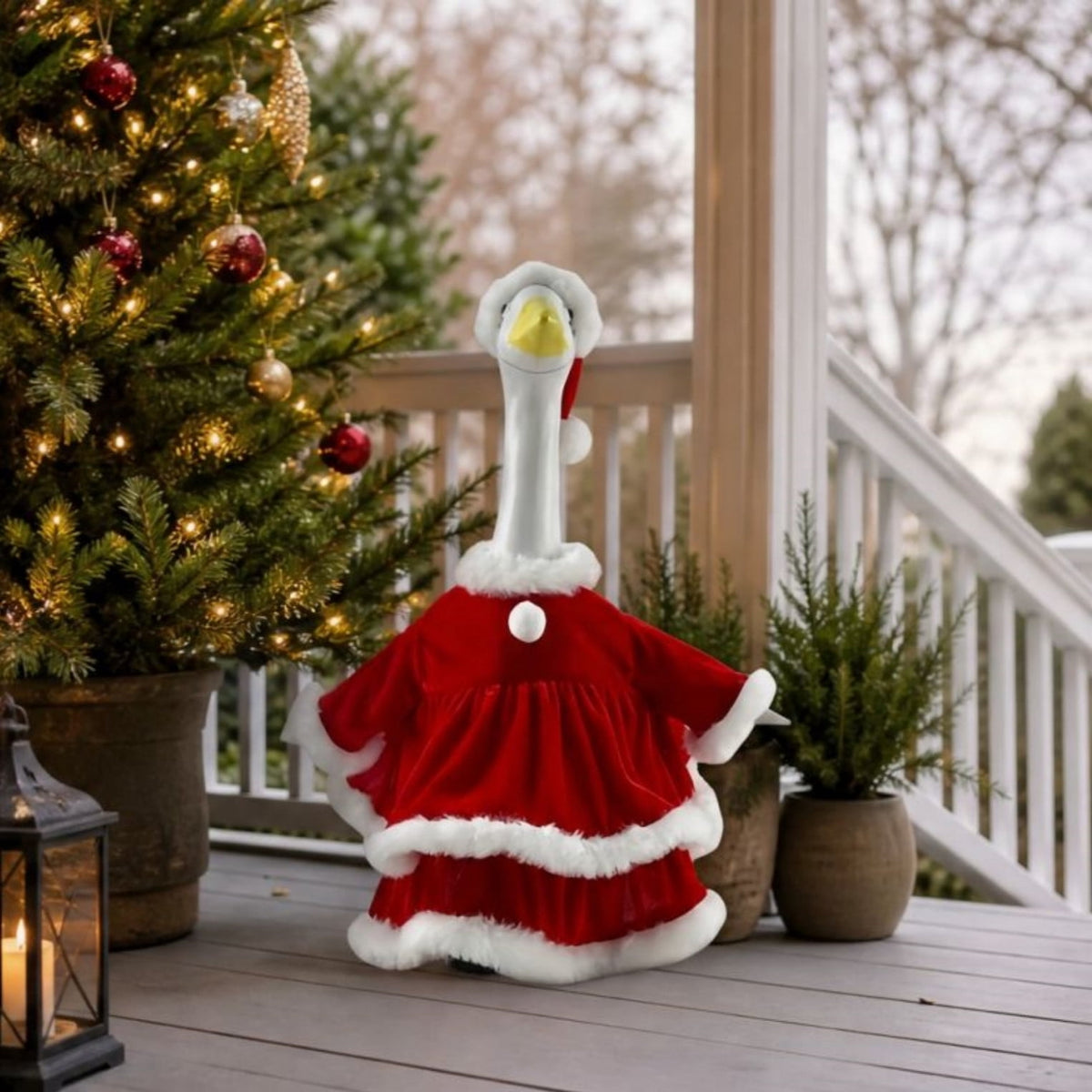 AZXY Thanksgiving Porch Goose Outfit, 23 Inch Lawn Goose Costume with Pilgrim Hat & Pumpkin Turkey Print Dress, Goose Clothes for Cement Plastic Goose Statue, Outdoor Yard Patio Fall Garden Decor
